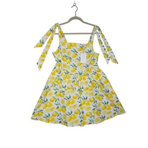 NWT SzL Lovelo Lemon Print MiniDress YellowWhite‎ Tie Shoulder Smocked Back Sexy